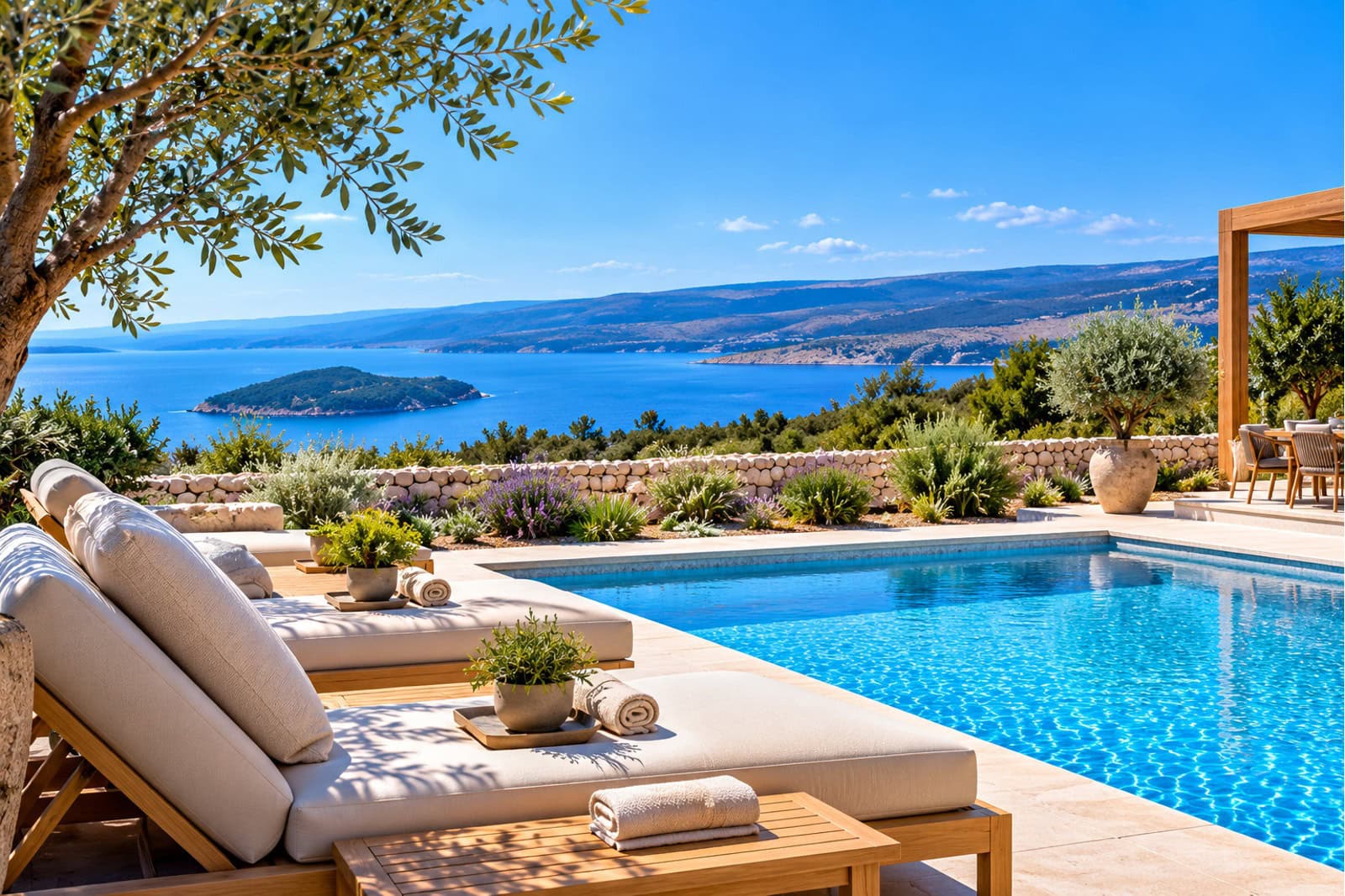 Mediterrane Poolterrasse mit Meerblick Mediterrane Poolterrasse mit Meerblick