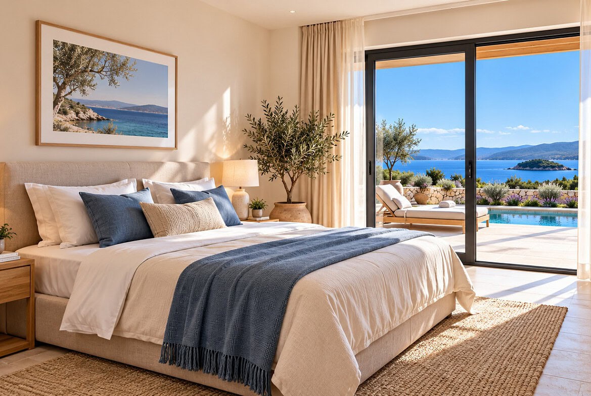 Mediterranes Schlafzimmer mit Meerblick