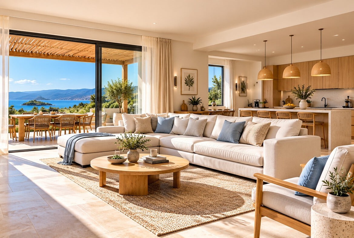 Mediterranes Wohnzimmer mit Meerblick